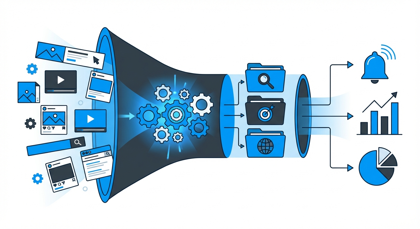 Діаграма автоматизованого пайплайну моніторингу реклами: від сирих даних через автоматичні фільтри до організованих звітів та алертів