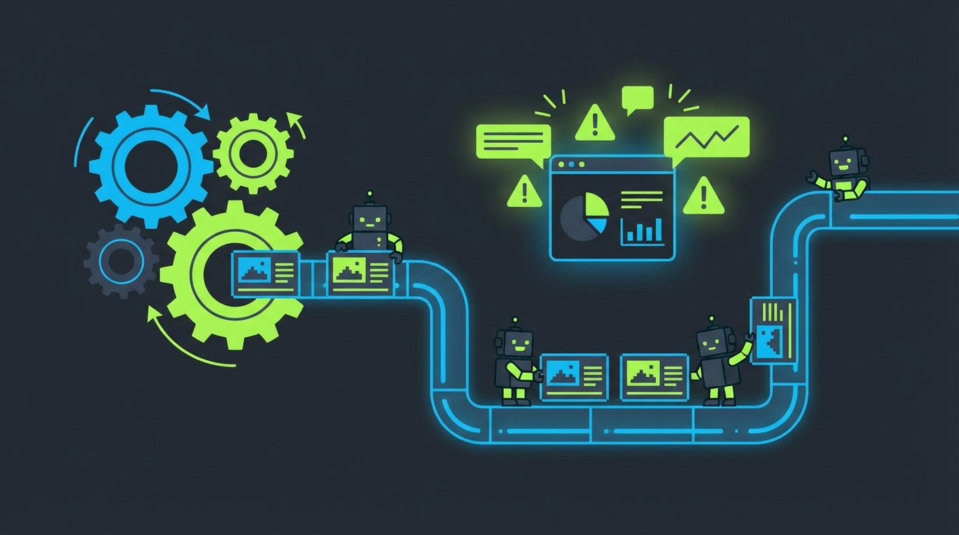 Ілюстрація автоматизації моніторингу реклами конкурентів з роботизованими шестернями та пайплайном обробки рекламних креативів