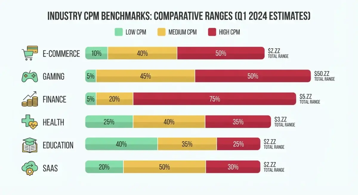 Порівняльна діаграма CPM бенчмарків Facebook Ads за шістьма основними індустріями у 2026 році