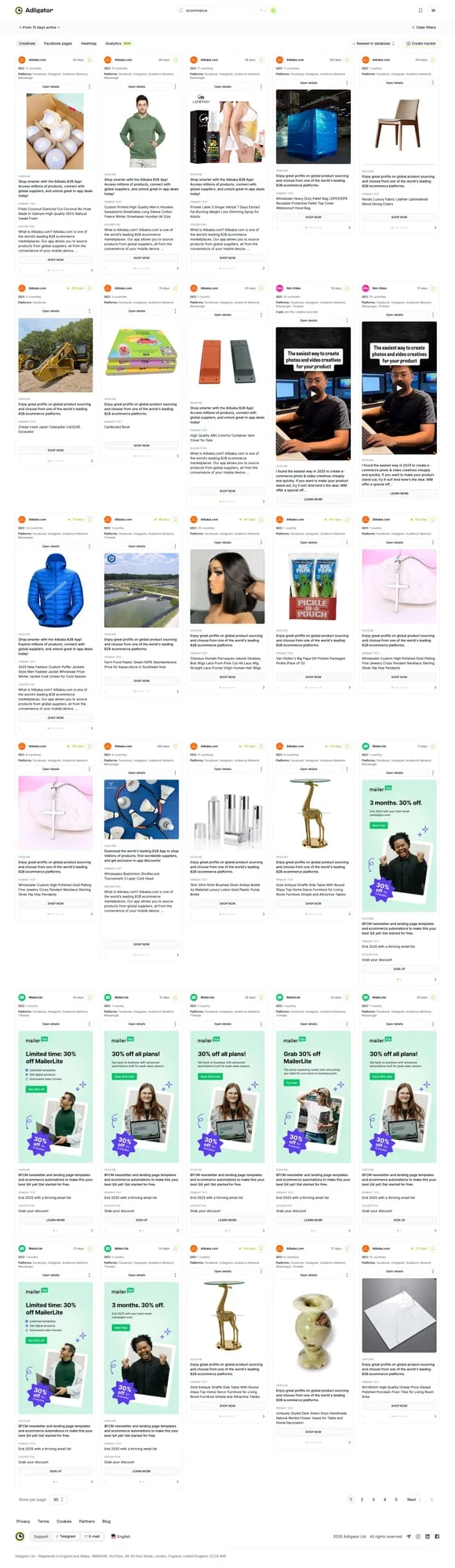 Фільтр тривалості активності креативів в Adligator для аналізу бенчмарків конкурентів