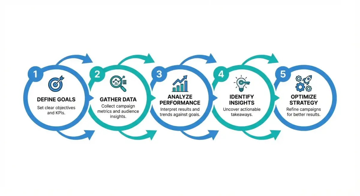 Покрокова діаграма процесу конкурентного аналізу перед запуском рекламної кампанії з п'ятьма етапами від збору даних до фіналізації стратегії