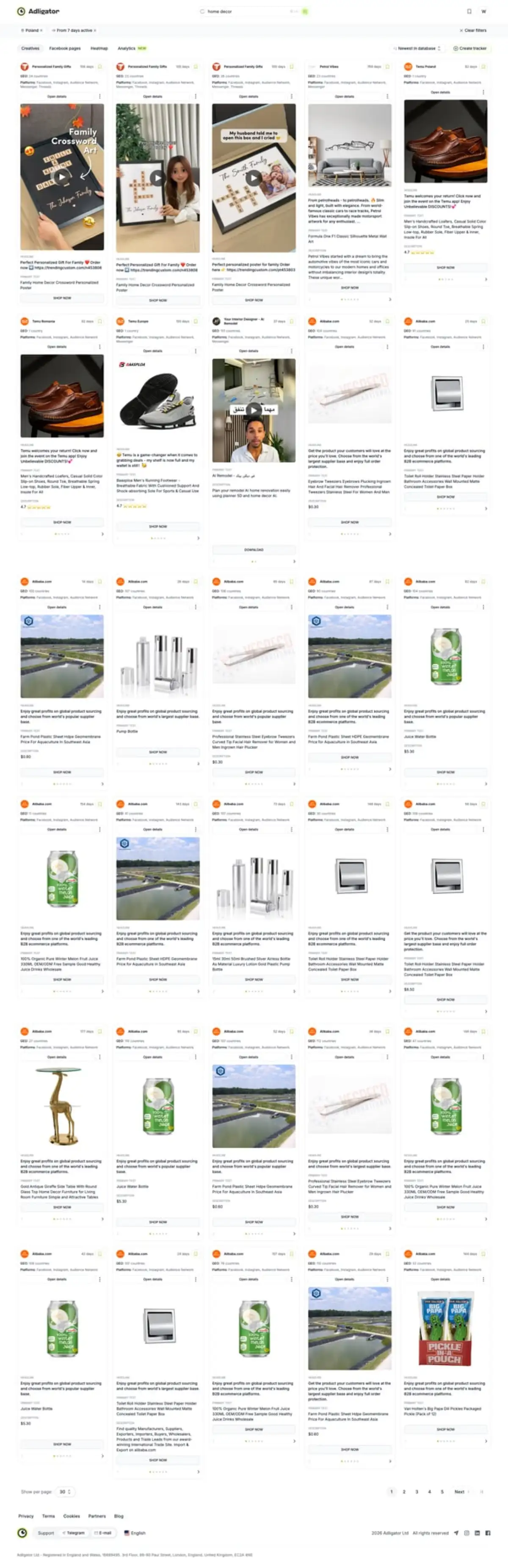 Інтерфейс Adligator з фільтрами пошуку конкурентної реклами за GEO, тривалістю та форматом для проведення аудиту конкурентів