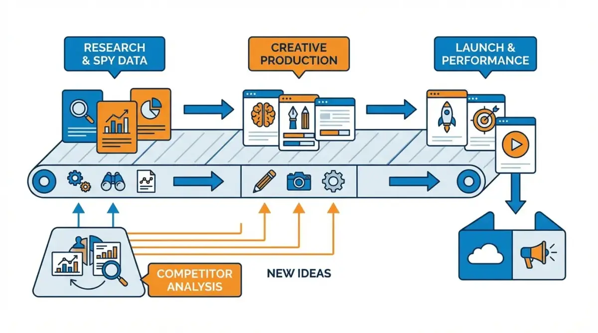 Інфографіка показує креативний пайплайн для масштабування з постійним потоком нових ідей на основі аналізу конкурентів
