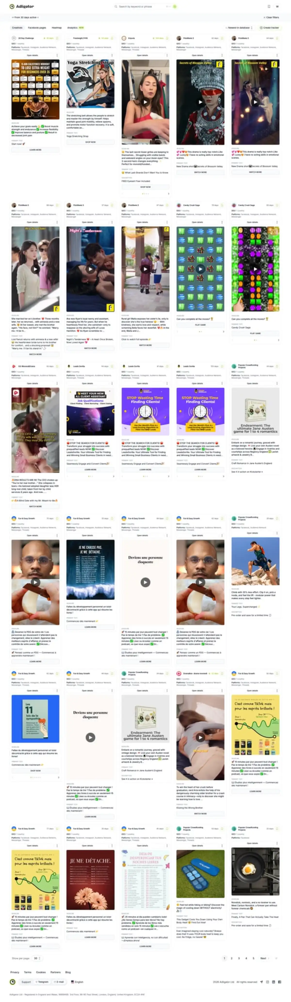 Інтерфейс Adligator з фільтром тривалості 30 днів для пошуку масштабованих креативів конкурентів