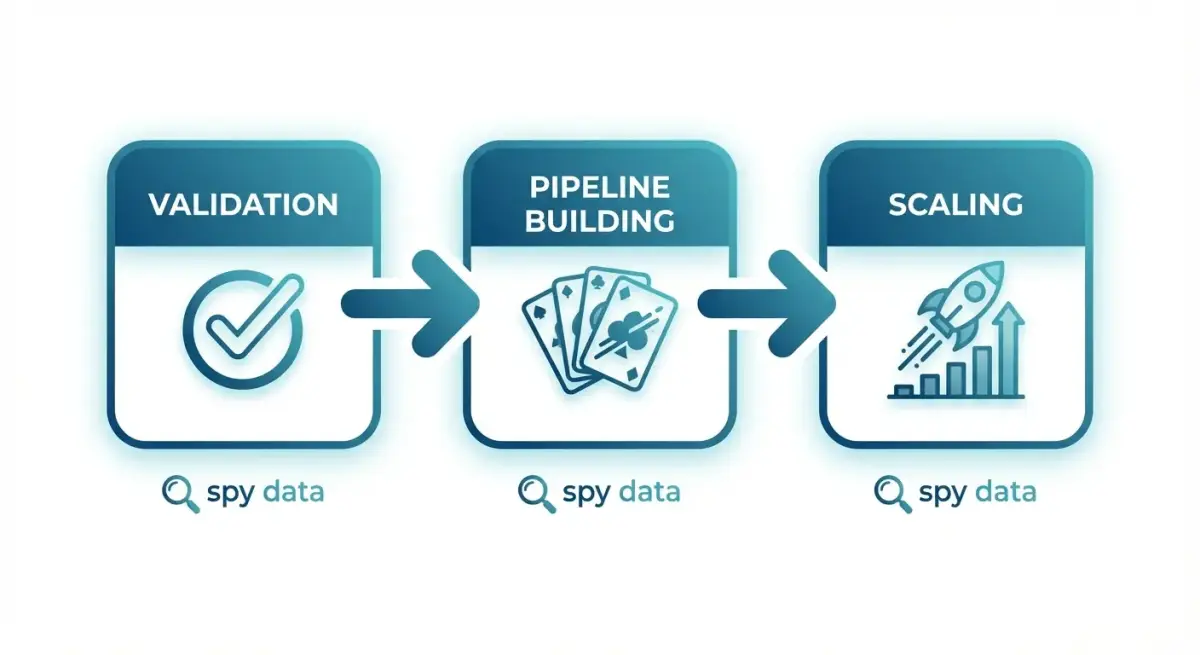 Діаграма фреймворку масштабування Facebook Ads з трьома етапами: тестування, валідація та скейл з spy-даними на кожному етапі