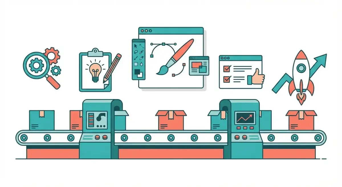 Конвеєрна система масштабування рекламних креативів Facebook з етапами від аналізу конкурентів до запуску рекламних кампаній
