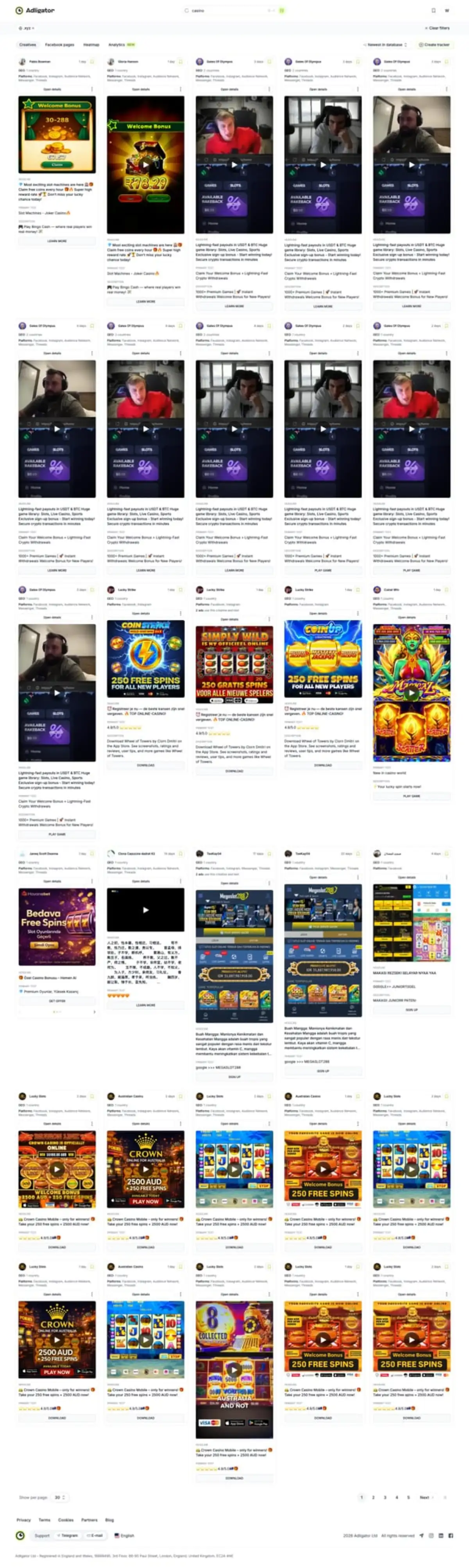 Інтерфейс пошуку Adligator з фільтрами за доменною зоною та URL для виявлення прелендінгів конкурентів