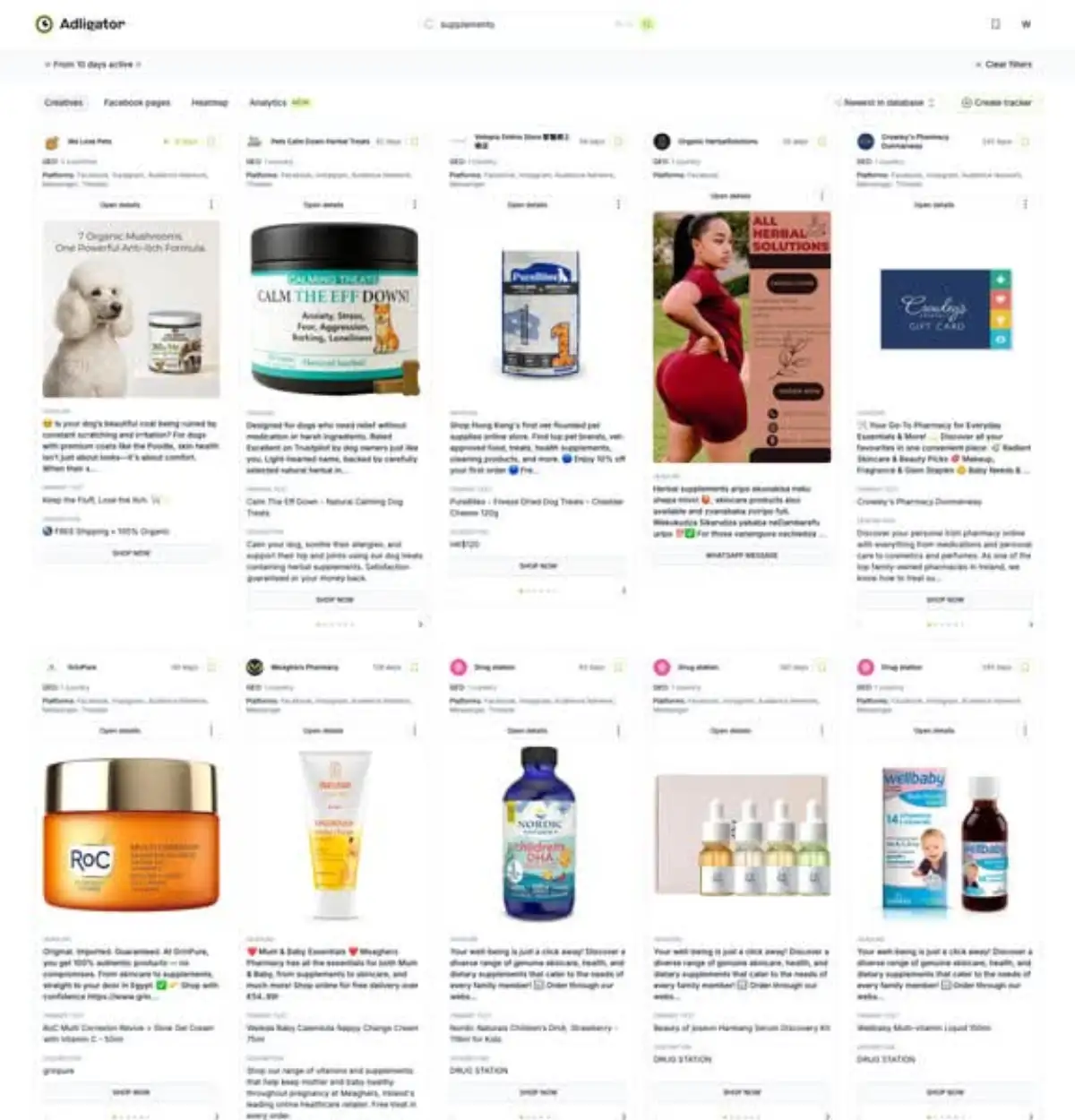 Інтерфейс Adligator з результатами пошуку конкурентних креативів, відсортованих за тривалістю показу для аналізу перед тестуванням