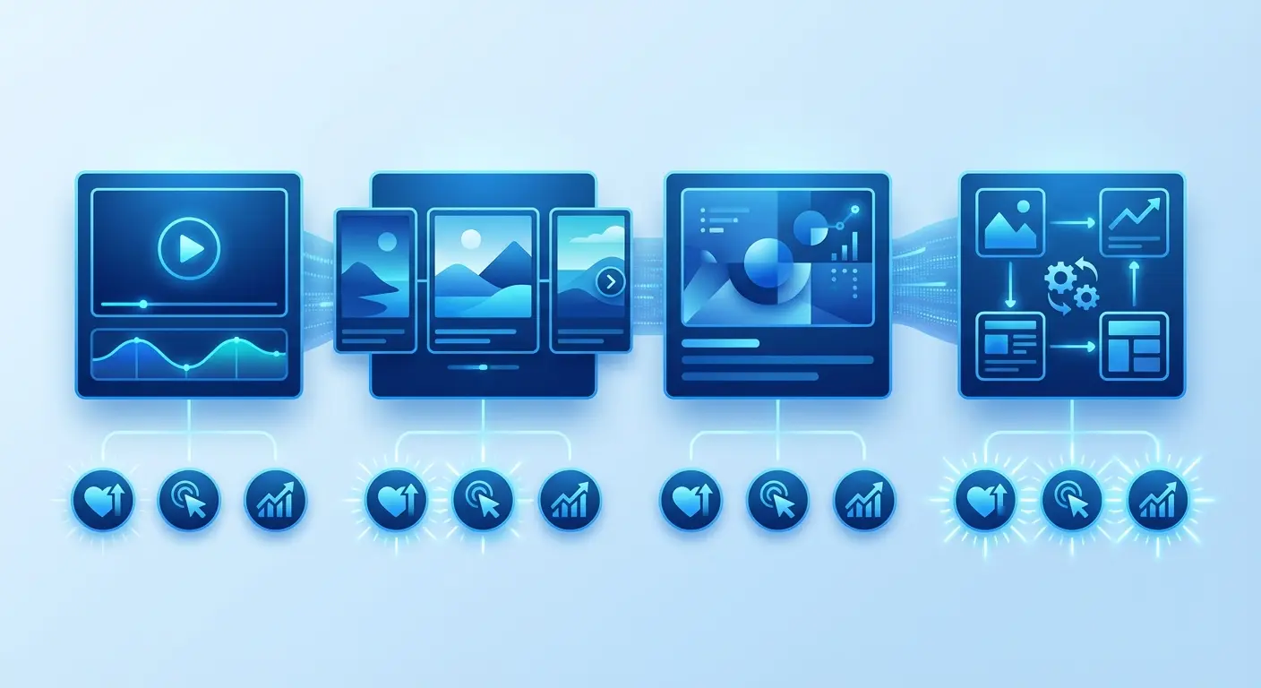 Інфографіка з порівнянням основних рекламних форматів Facebook у 2026 році — відео, карусель, зображення та DCO