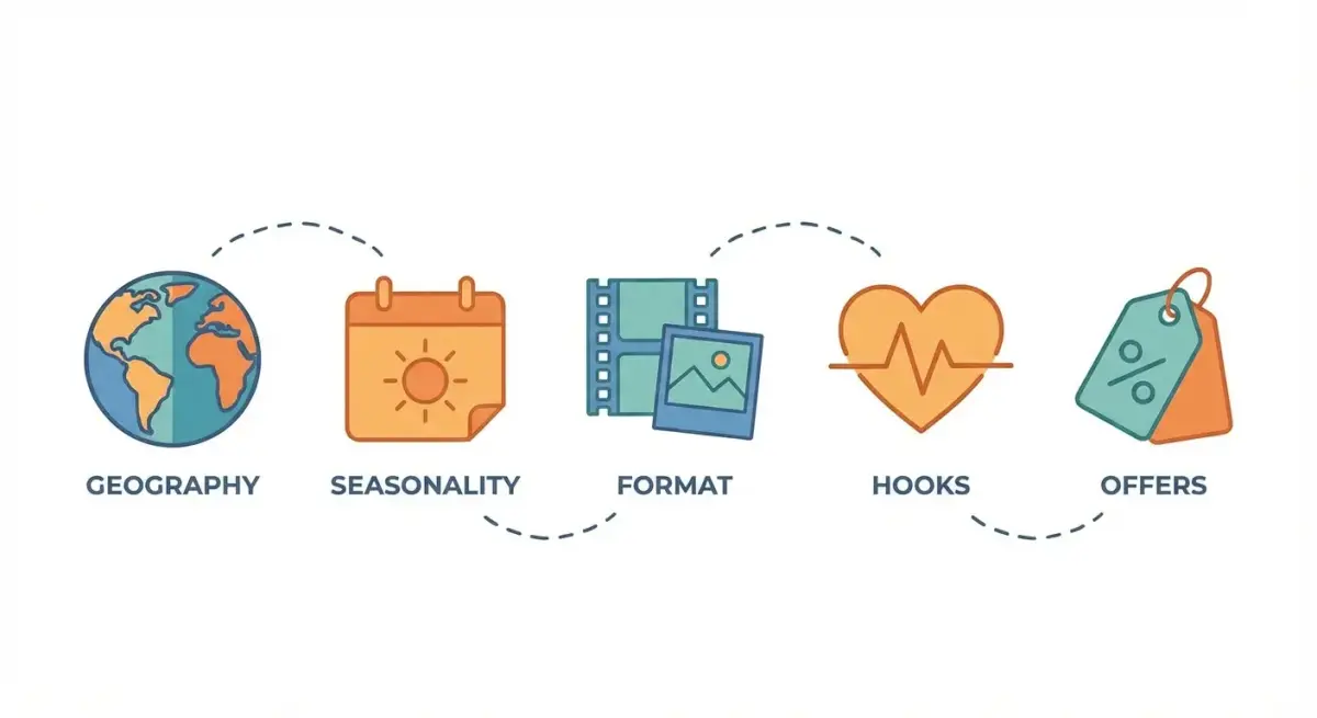 Діаграма ключових патернів travel-реклами: сезонність, гео, формати, хуки та офери