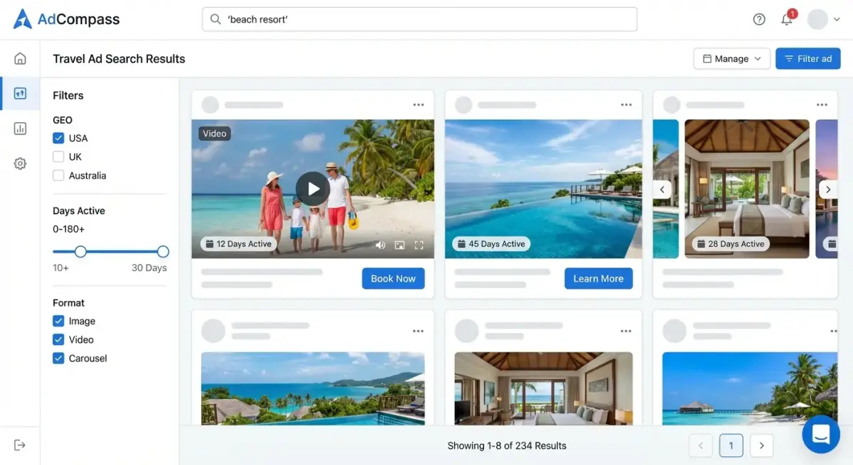 Інтерфейс Adligator з пошуком travel-реклами та фільтрами по гео та тривалості