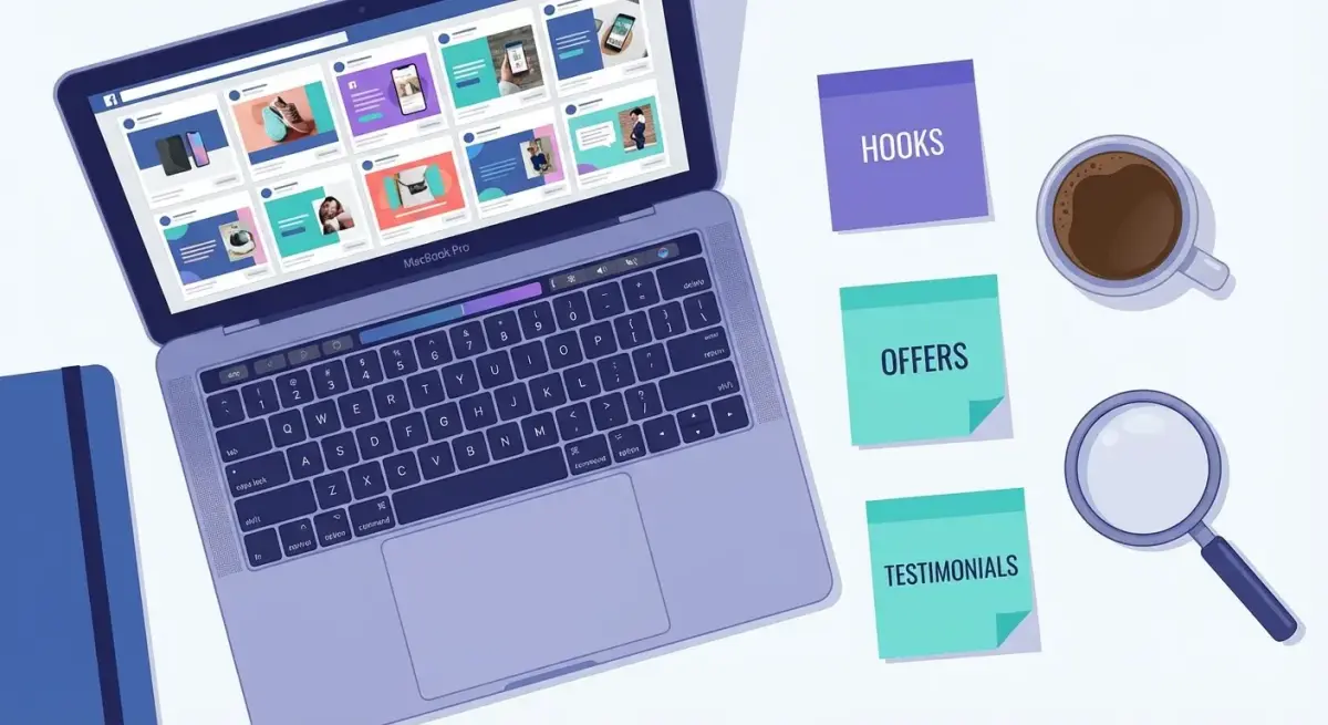 Організований робочий простір медіабаєра зі swipe-файлом рекламних креативів Facebook на екрані ноутбука