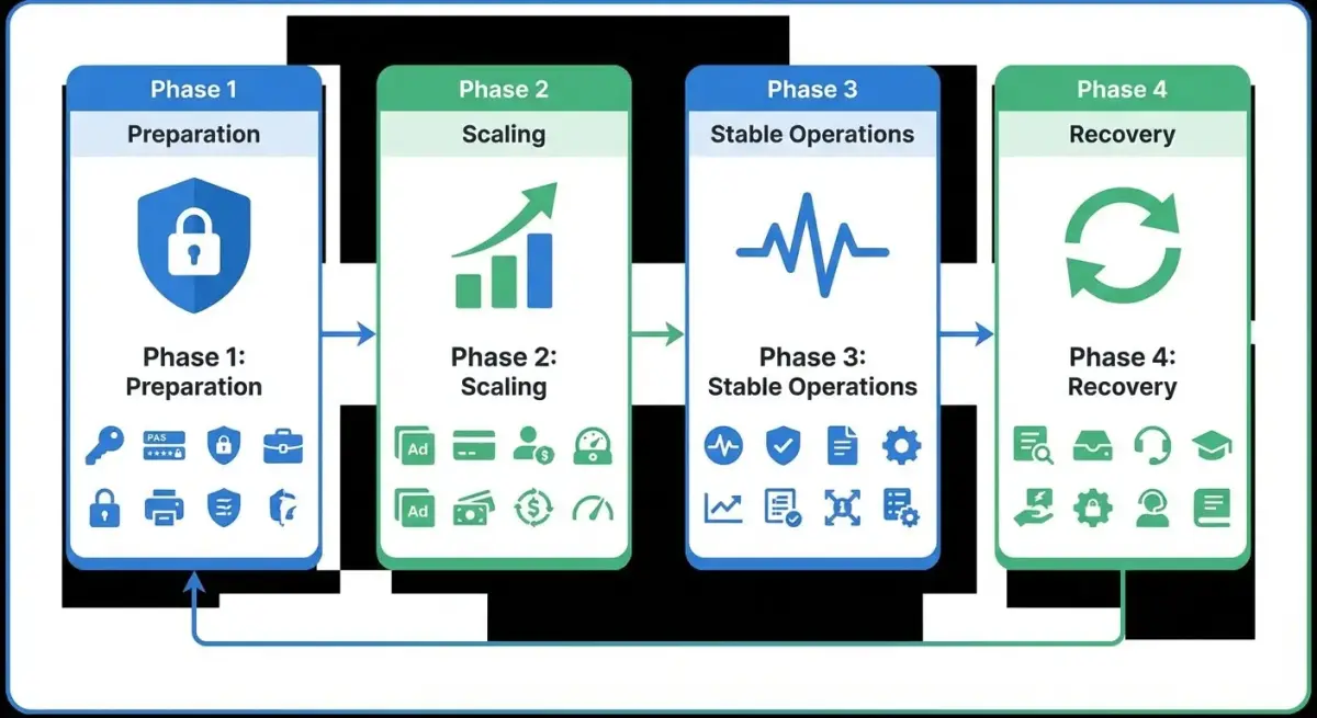 Схема процесу захисту рекламного акаунту Facebook: підготовка, запуск, моніторинг, масштабування