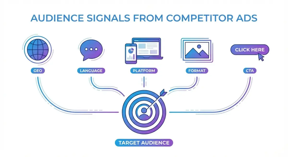 Діаграма сигналів аудиторії з реклами конкурентів: гео, мова, платформа, формат, CTA